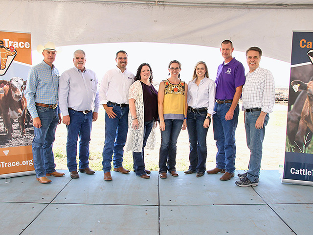 The Cattle Trace steering committee includes (left to right) Matt Teagarden, chief executive officer of Kansas Livestock Association; Justin Smith, animal health commissioner; Brandon Depenbusch, vice president of cattle operations for Innovative Livestock Services; Jackie McClaskey, secretary of agriculture; Mary Soukup, assistant secretary, Kansas Department of Agriculture; Cassandra Kniebel, project director, Cattle Trace; Brad White, director of The Beef Cattle Institute at Kansas State University; and Kansas Governor Jeff Colyer, Image Courtesy of Kansas Department of Agriculture